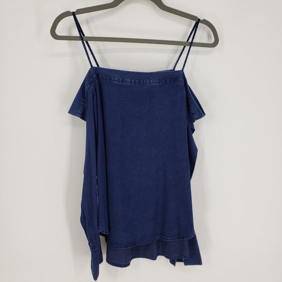 3/$25 LOFT Strappy Chambray Off the Cold Shoulder Top XXS Long Sleeve Denim Blue - Picture 2 of 7